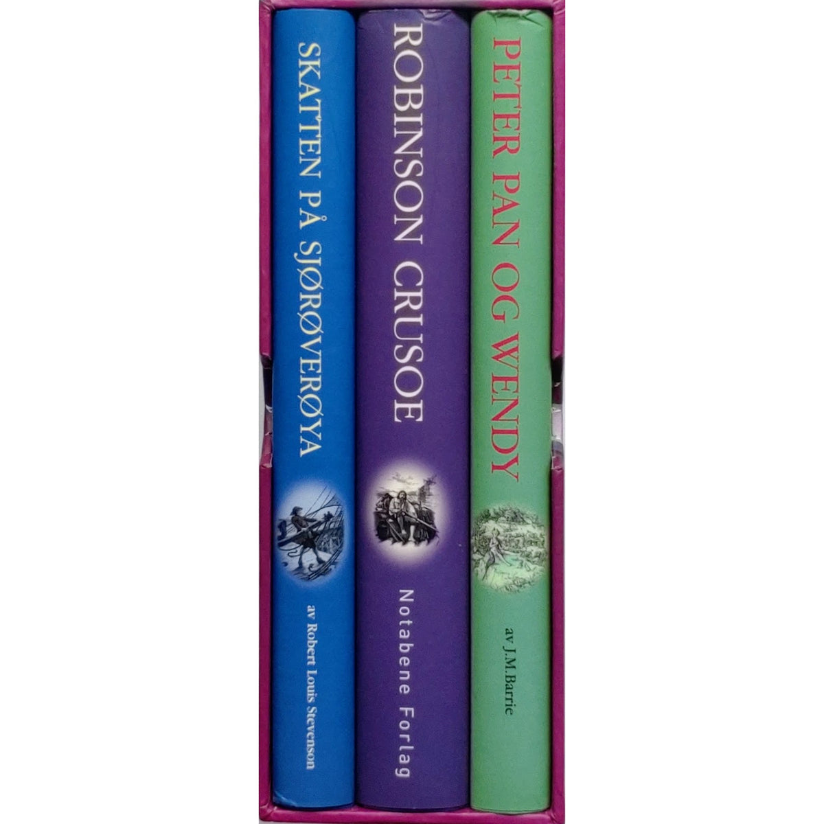 Robison Crusoe av Daniel Defoe, Skatten på sjørøverøya av Robert Louis Stevenson og Peter Pan og Wendy av J.M. Barrie